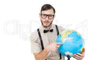 Geeky hipster holding a globe