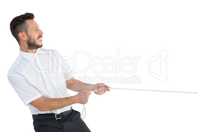Hipster businessman pulling a rope