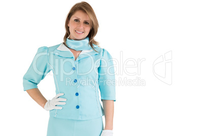 Charming stewardess dressed in blue uniform