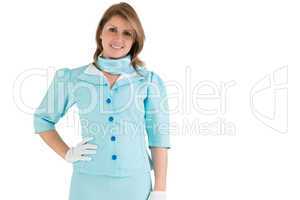 Charming stewardess dressed in blue uniform