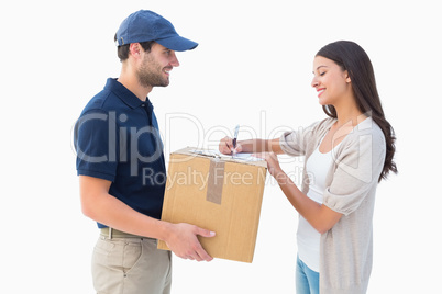 Happy delivery man with customer