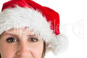 Close up portrait of pretty woman in santa hat smiling