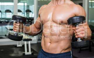 Mid section of shirtless muscular man exercising with dumbbells
