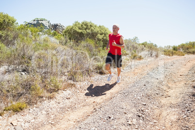 Fit man jogging down mountain trail