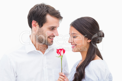 Handsome man offering his girlfriend a rose