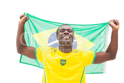 Happy brazilian football fan cheering holding flag
