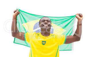 Happy brazilian football fan cheering holding flag