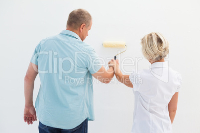 Happy older couple painting white wall Happy older couple painting white wall