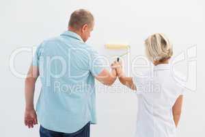 Happy older couple painting white wall