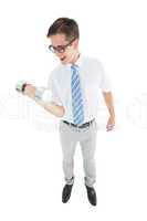 Geeky happy businessman lifting dumbbell