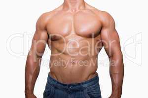Mid section of a shirtless muscular man