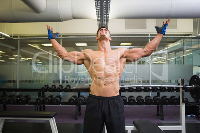 Bodybuilder with arms raised in gym