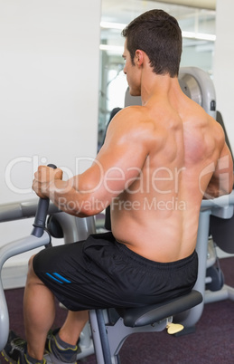 Muscular man working on abdominal machine at the gym