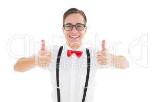 Geeky young hipster showing thumbs up