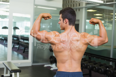 Rear view of a muscular man flexing muscles