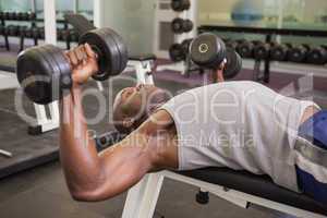 Muscular man exercising with dumbbells