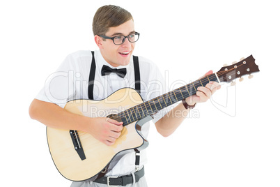 Geeky hipster playing guitar and singing