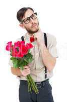 Geeky hipster offering bunch of roses