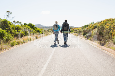 Attractive couple walking on the road holding hands
