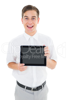 Geeky businessman showing his tablet pc