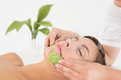 Attractive woman receiving aloe vera massage at spa center