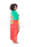 Smiling girl in yellow bikini holding portugal flag over shoulde