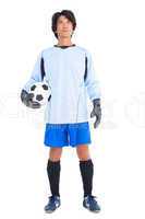 Goalkeeper in blue holding ball