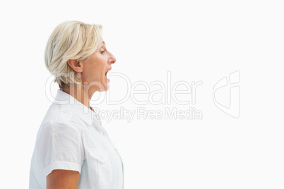 Happy mature woman talking loudly