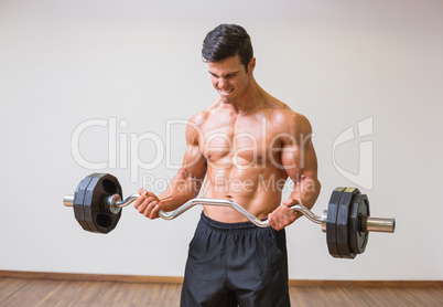 Shirtless muscular man lifting barbell in gym