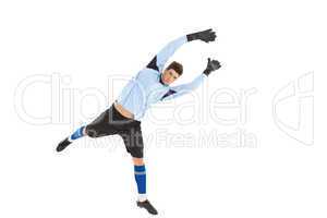 Goalkeeper in blue jumping up