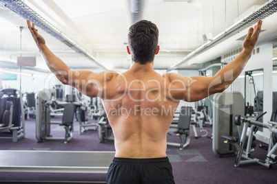 Rear view of shirtless muscular man in gym