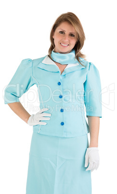 Charming stewardess dressed in blue uniform