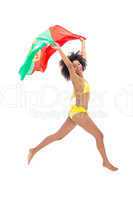 Fit girl in yellow bikini holding portugal flag laughing at came