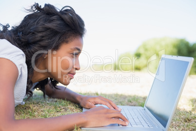 Casual pretty woman lying on the grass using her laptop