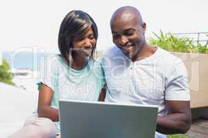 Happy couple sitting in garden using laptop together