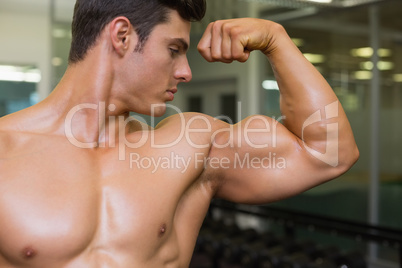 Muscular man flexing muscles in gym