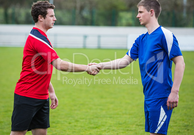 Football players in blue and red shaking hands