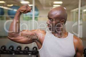 Muscular man flexing muscles in gym