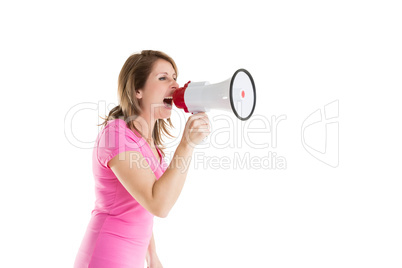 Side view of woman shouting into bullhorn