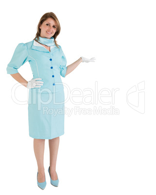 Stewardess dressed in blue uniform presenting your product