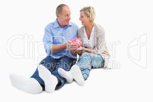Happy mature couple holding piggy bank