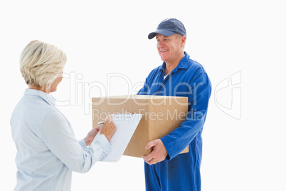 Happy delivery man with customer