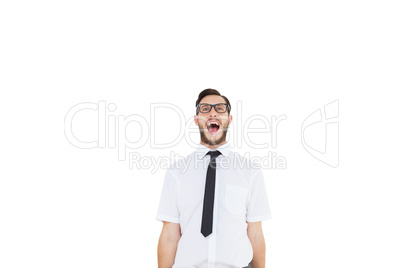 Geeky young businessman shouting loudly
