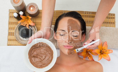 Peaceful brunette getting a mud facial applied