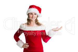 Pretty woman in santa costume presenting your product