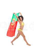 Fit girl in yellow bikini holding portugal flag laughing at came