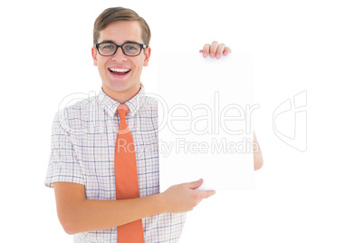 Geeky hipster smiling and showing card Geeky hipster smiling and showing card