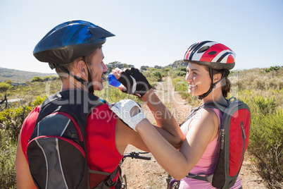 Active couple on a bike ride in the countryside