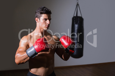 Shirtless muscular boxer in defensive stance in health club