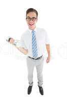 Geeky happy businessman lifting dumbbell